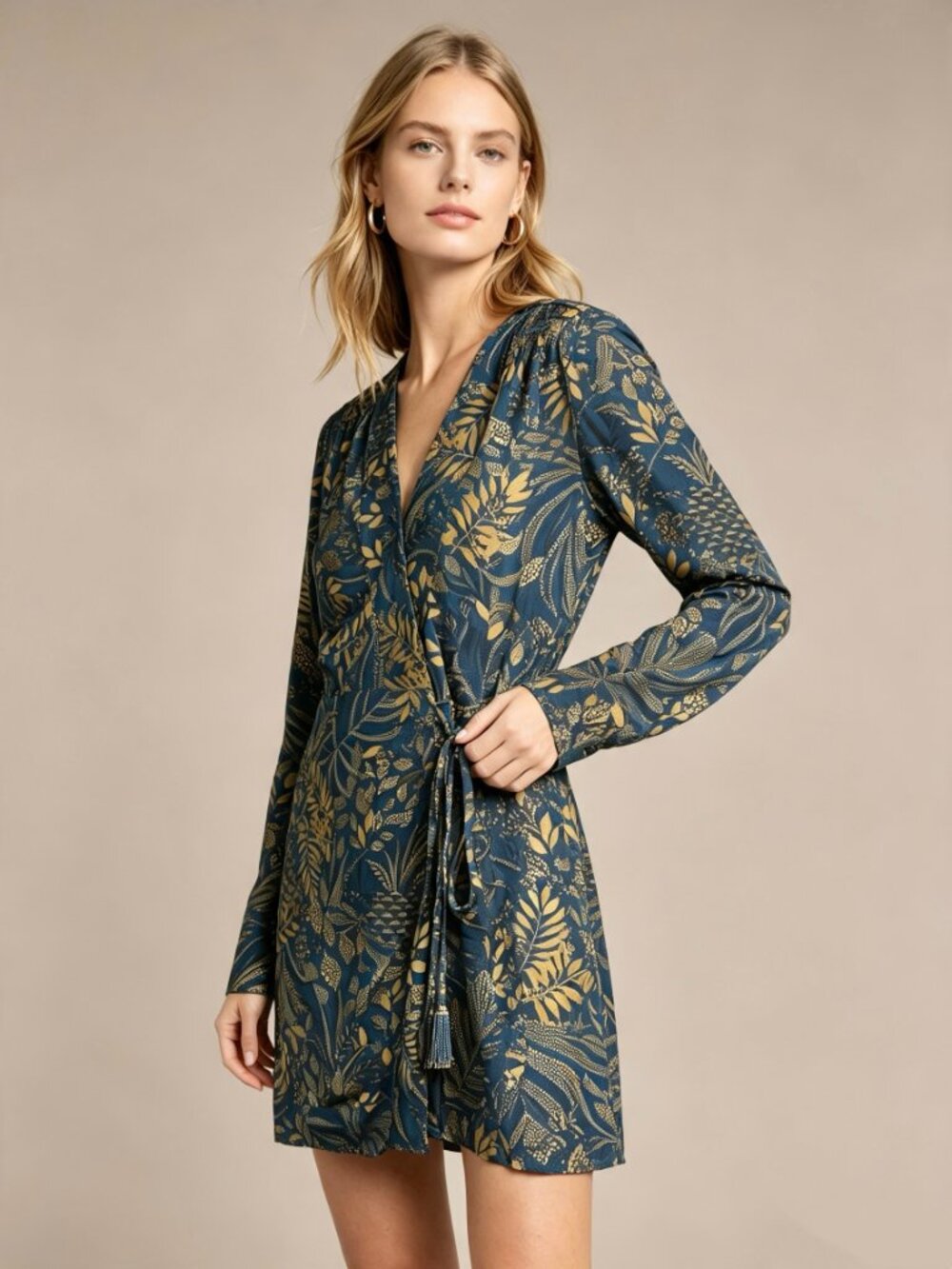 NWT Farm Rio Gold Blue Floral Forest Wrap Mini Dress Long Sleeve Size S - Picture 2 of 15